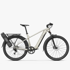 Electric bicycle with a white frame and black components on a white background