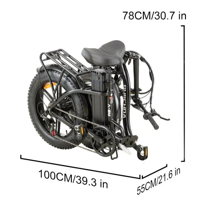 Foldable electric bike with dimensions labeled on a white background