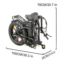 Foldable electric bike with dimensions labeled on a white background