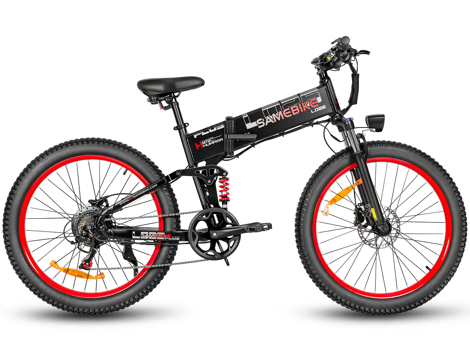 Black- SAMEBIKE LO26-Plus Electric Bike with red wheels on a white background