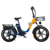 Orange and blue electric bike with a black basket on a white background