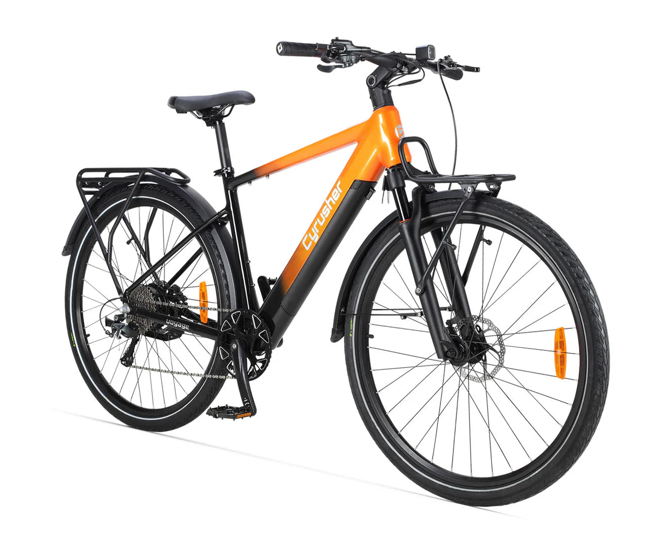 Orange and black Cyrusher Voyage Trekking Electric bicycle on a white background