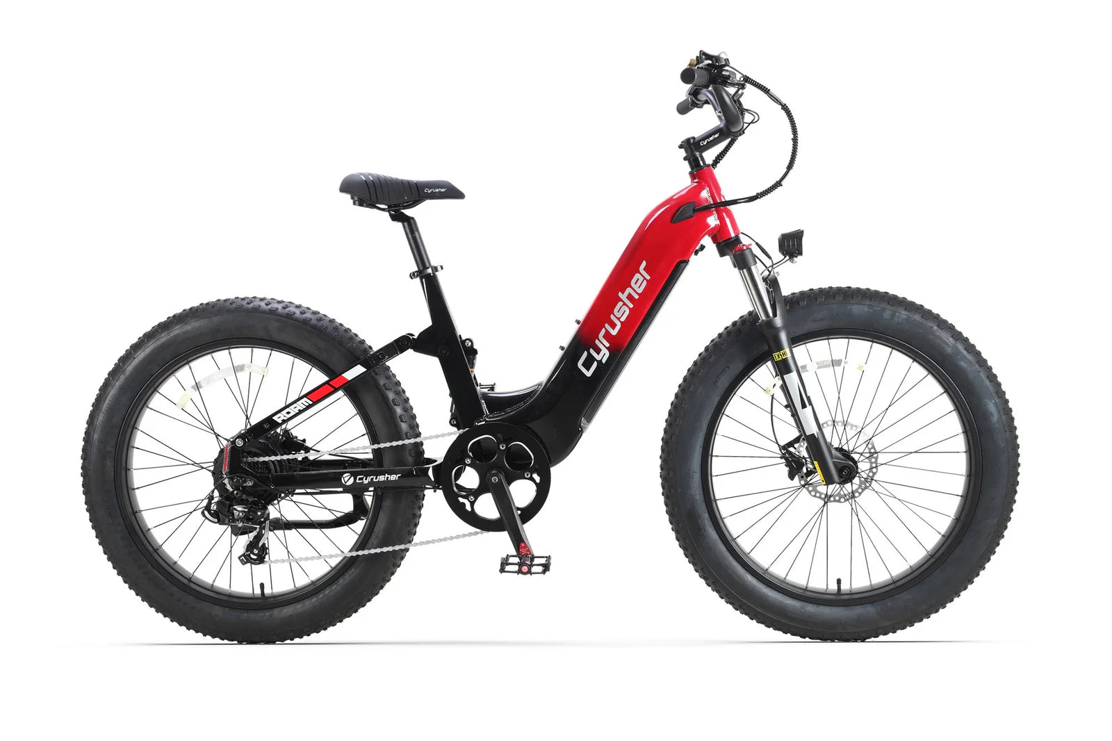 Red and black Cyrusher Roam Step-Thru Electric Bike on a white background