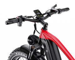 Close-up of a red DUOTTS F26 Lite Electric Bike with handlebars and Kenda tire on a white background - Pogo Cycle