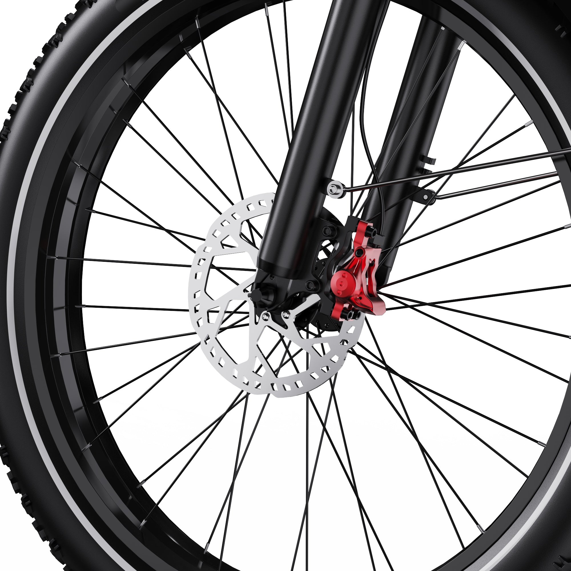 Close-up of a DUOTTS F26 Lite Electric bicycle wheel with disc brake system on a white background