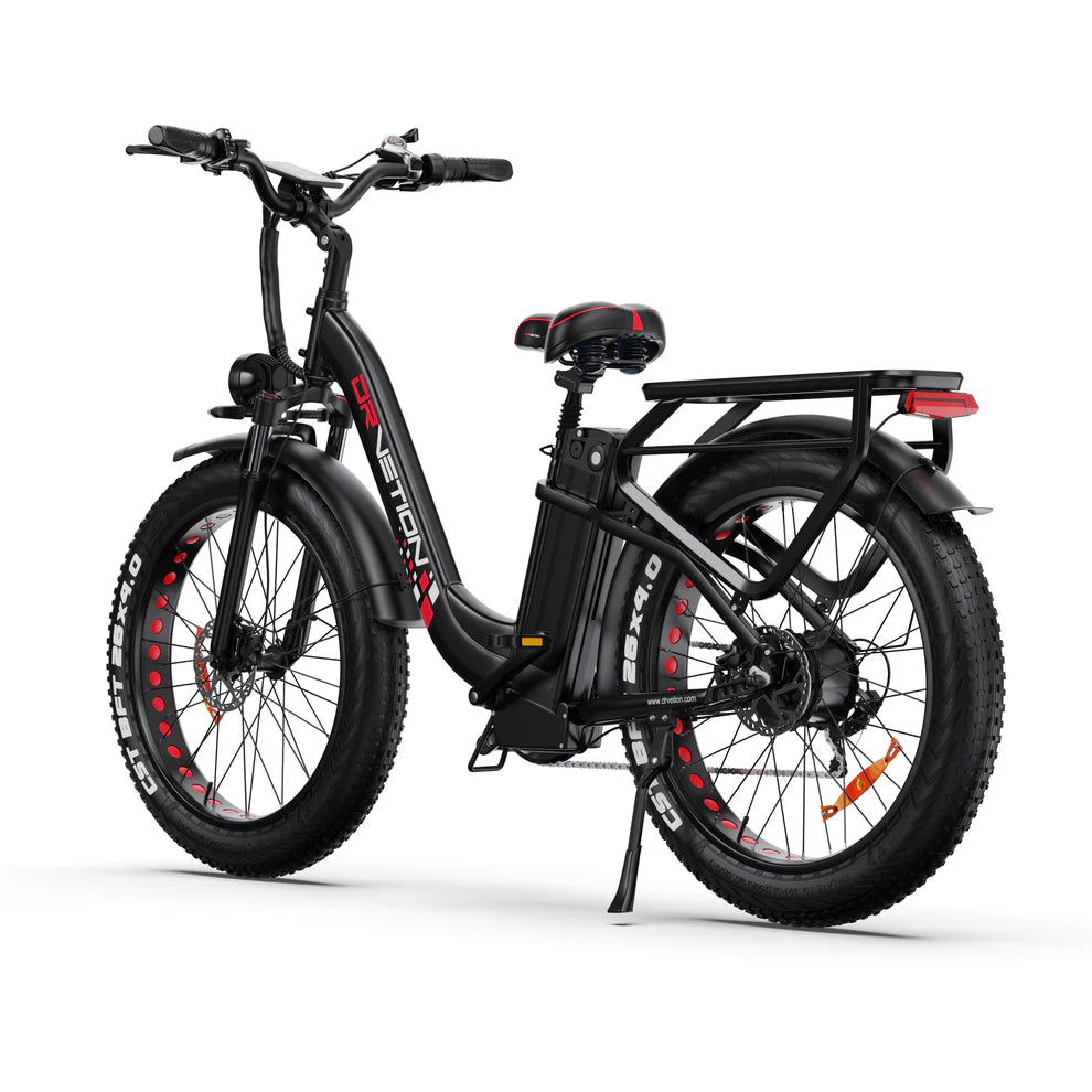 Back view of Drvetion CTR26 Step-Thru Electric Bike with red accents on a white background