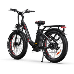 Back view of Drvetion CTR26 Step-Thru Electric Bike with red accents on a white background