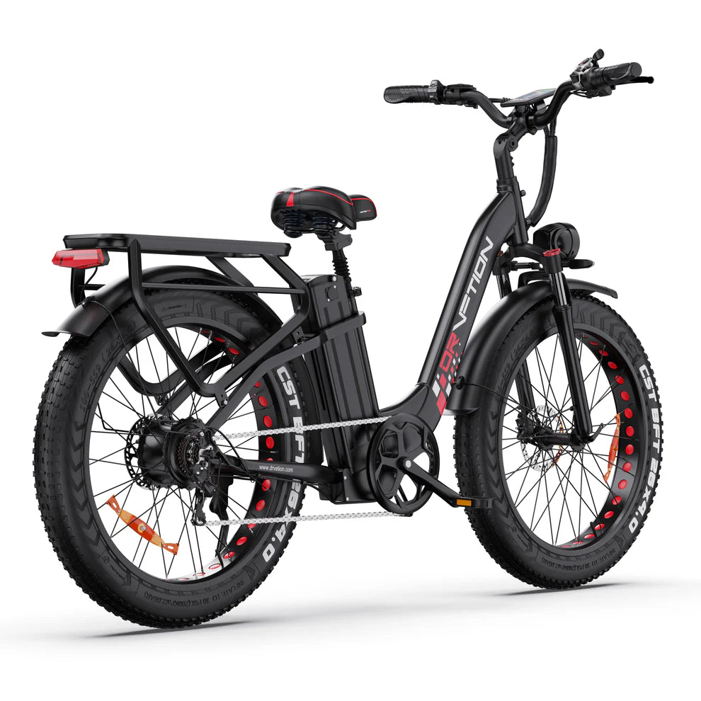 Back view of Drvetion CTR26 Step-Thru Electric Bike in black with red accents on a white background
