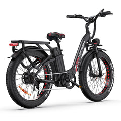 Back view of Drvetion CTR26 Step-Thru Electric Bike in black with red accents on a white background