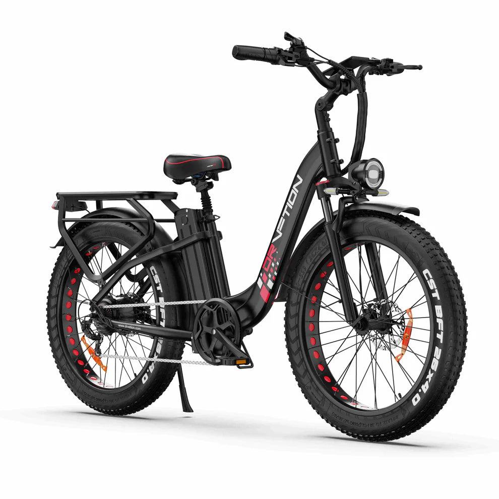 Drvetion CTR26 Step-Thru Electric Bike in black with red accents on a white background