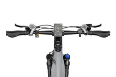 Close-up of DUOTTS E29 Electric Bike handlebar with digital display on a white background