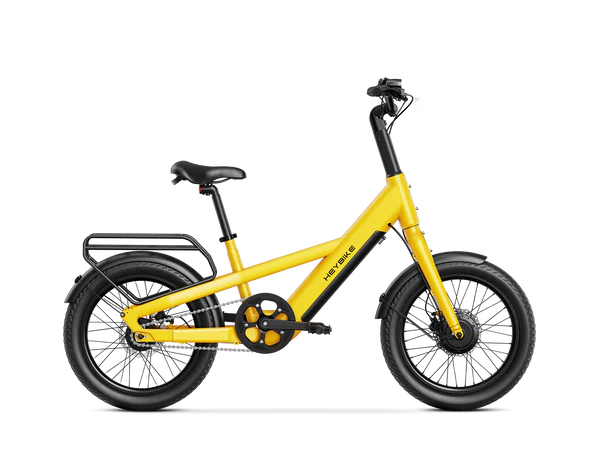 Yellow Heybike EC Compact Sport Electric Bicycle with black wheels on a white background