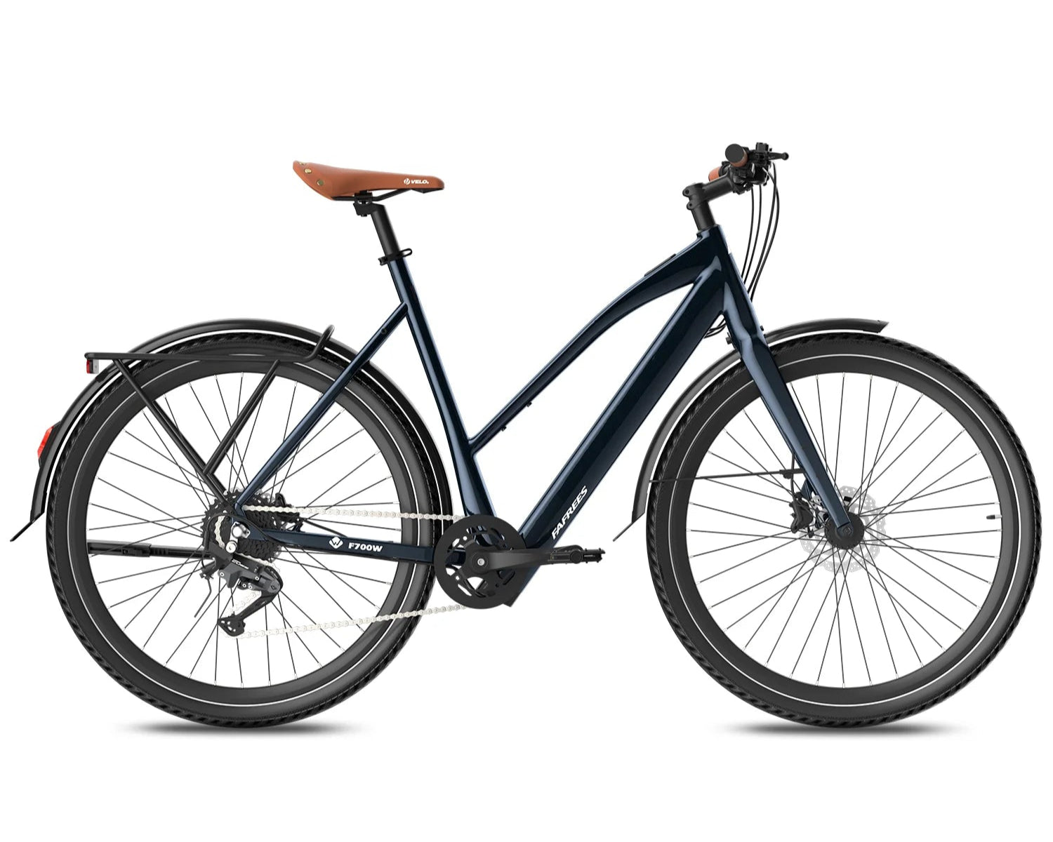 Navy Fafrees F700W Electric bicycle with a brown seat on a white background
