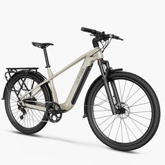 Electric bicycle with a white frame and black components on a white background