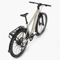 White electric bicycle with black components on a white background