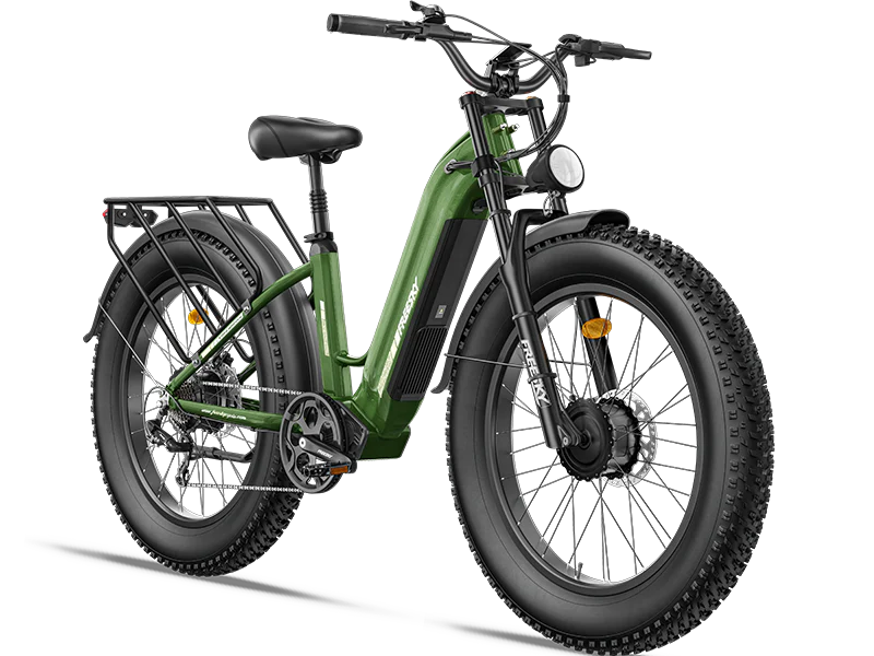 Freesky Ranger M-540 Dual-Motor Step-Thru Ebike in green on a white background - Pogo Cycles, Ireland.