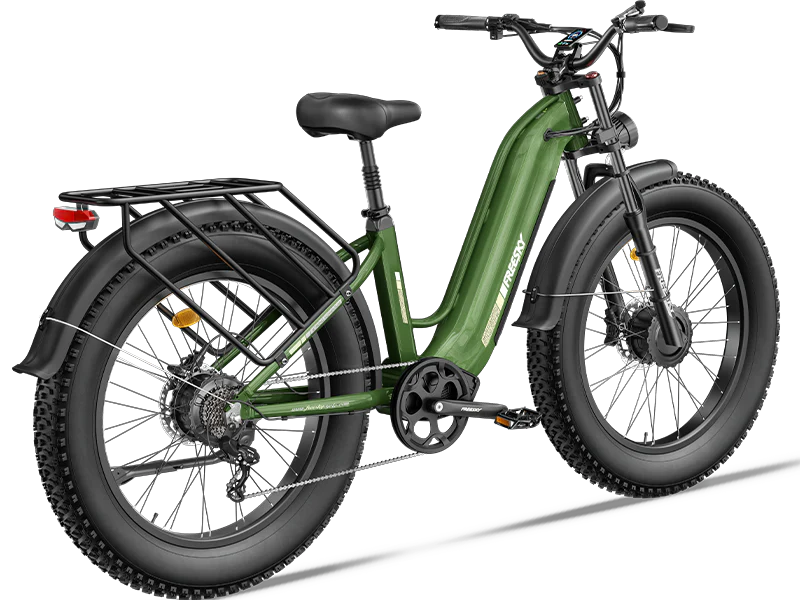 Freesky Ranger M-540 Dual-Motor Step-Thru Ebike in green - right side view on a white background