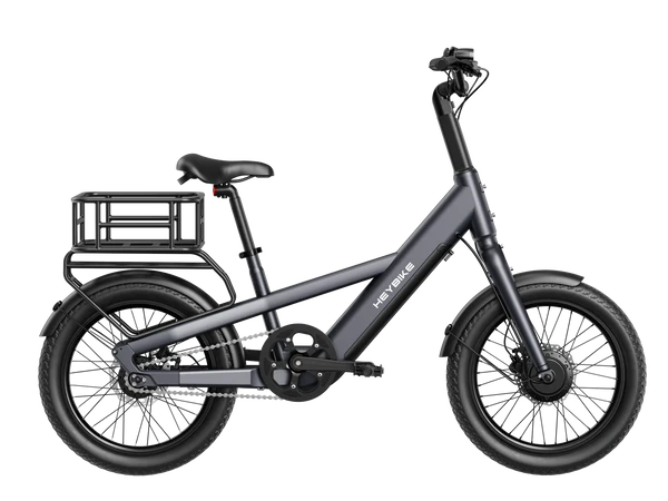 Black Heybike EC Compact City Electric Bike with a small basket on a white background
