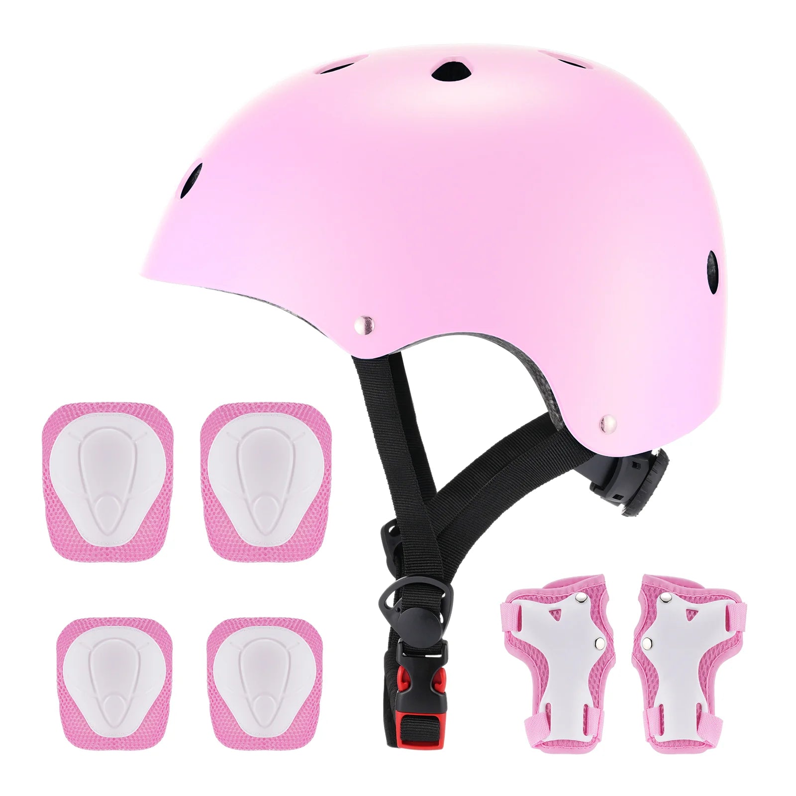 Pink Hoverboard Kids Stylish Classic Helmet with matching knee and elbow pads on a white background