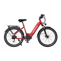 Red KOOLUX X2 Step-Thru Electric Bike with 'Koolux' branding on a white background - Pogo Cycles, Ireland