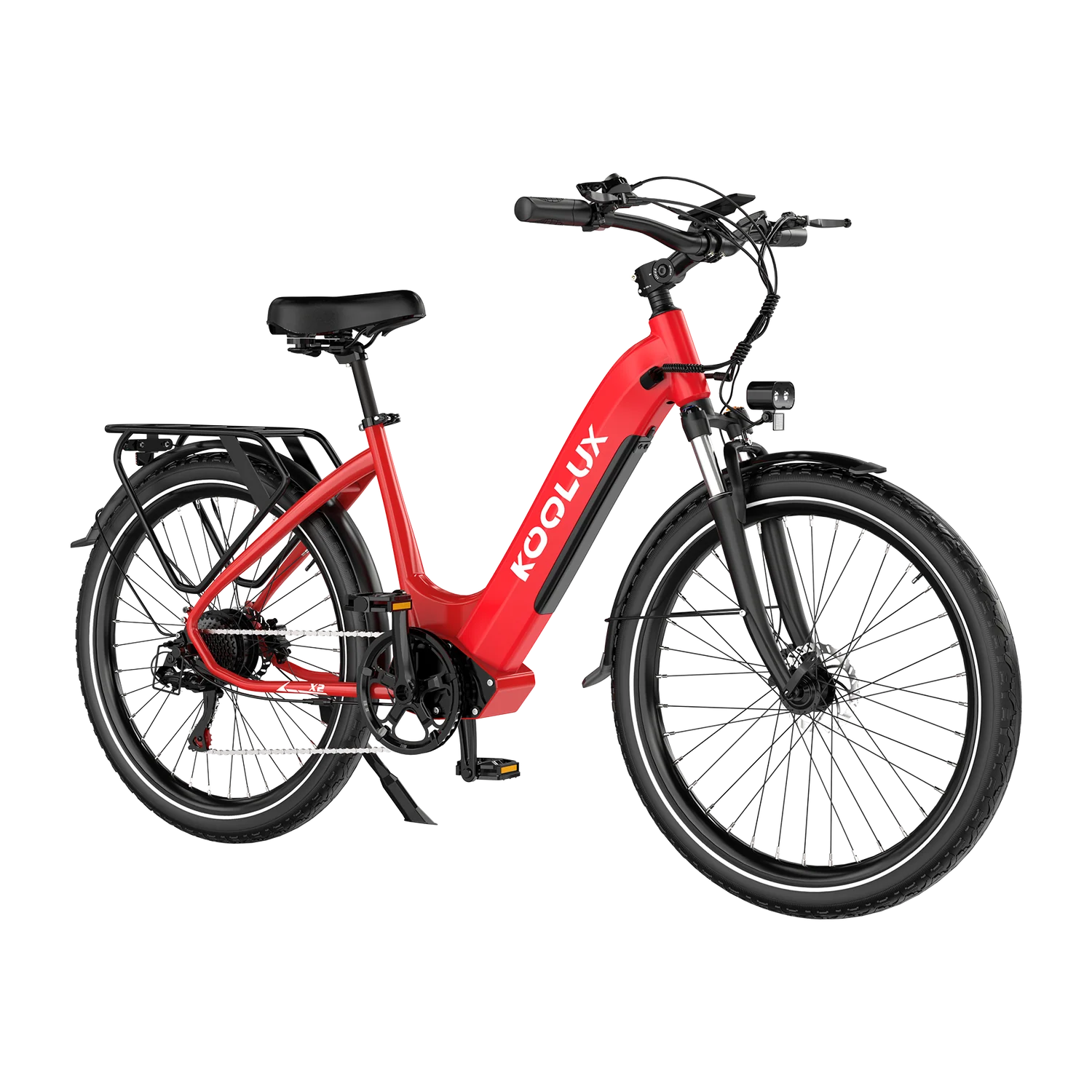 Red electric bike with 'Koolux' branding on a white background - Pogo Cycles, Ireland