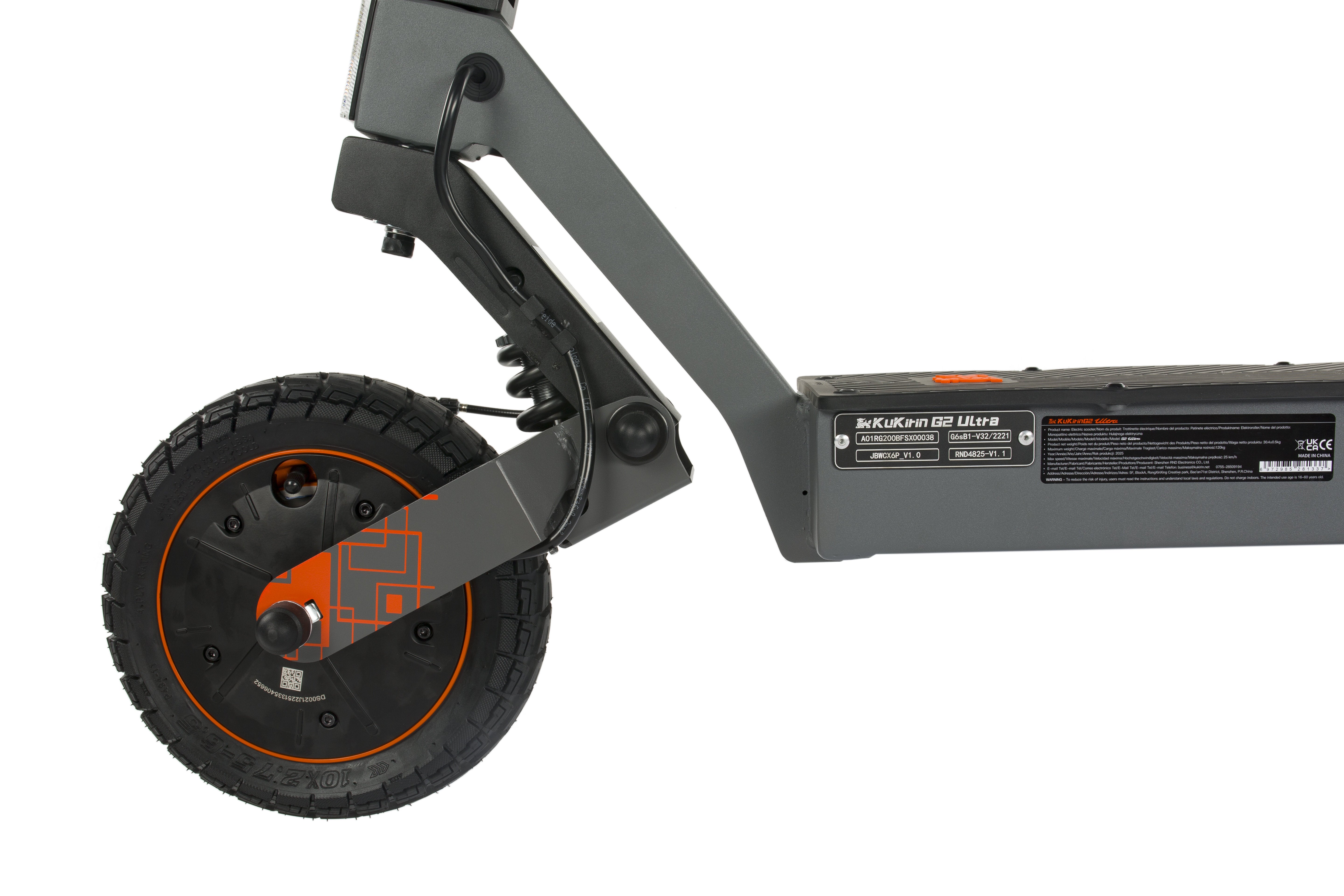 Close-up of a KuKirin G2 Ultra Electric Scooter wheel and frame on a white background - Pogo Cycles, Ireland