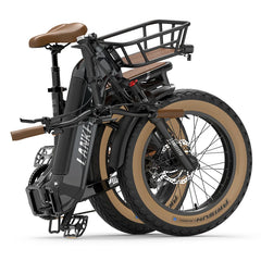 A folded LANKELEISI GOLF-X electric bicycle with a matte black frame, brown saddle and handlebar grips, and tan sidewall tires, shown on a clean white background.