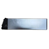 Rectangular metal object with black edges on a white background