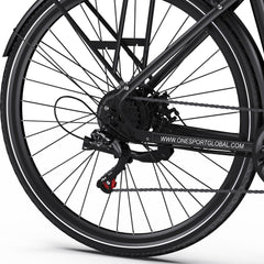 Close-up of a ONESPORT OT12 Urban Electric bicycle wheel with visible branding on a white background