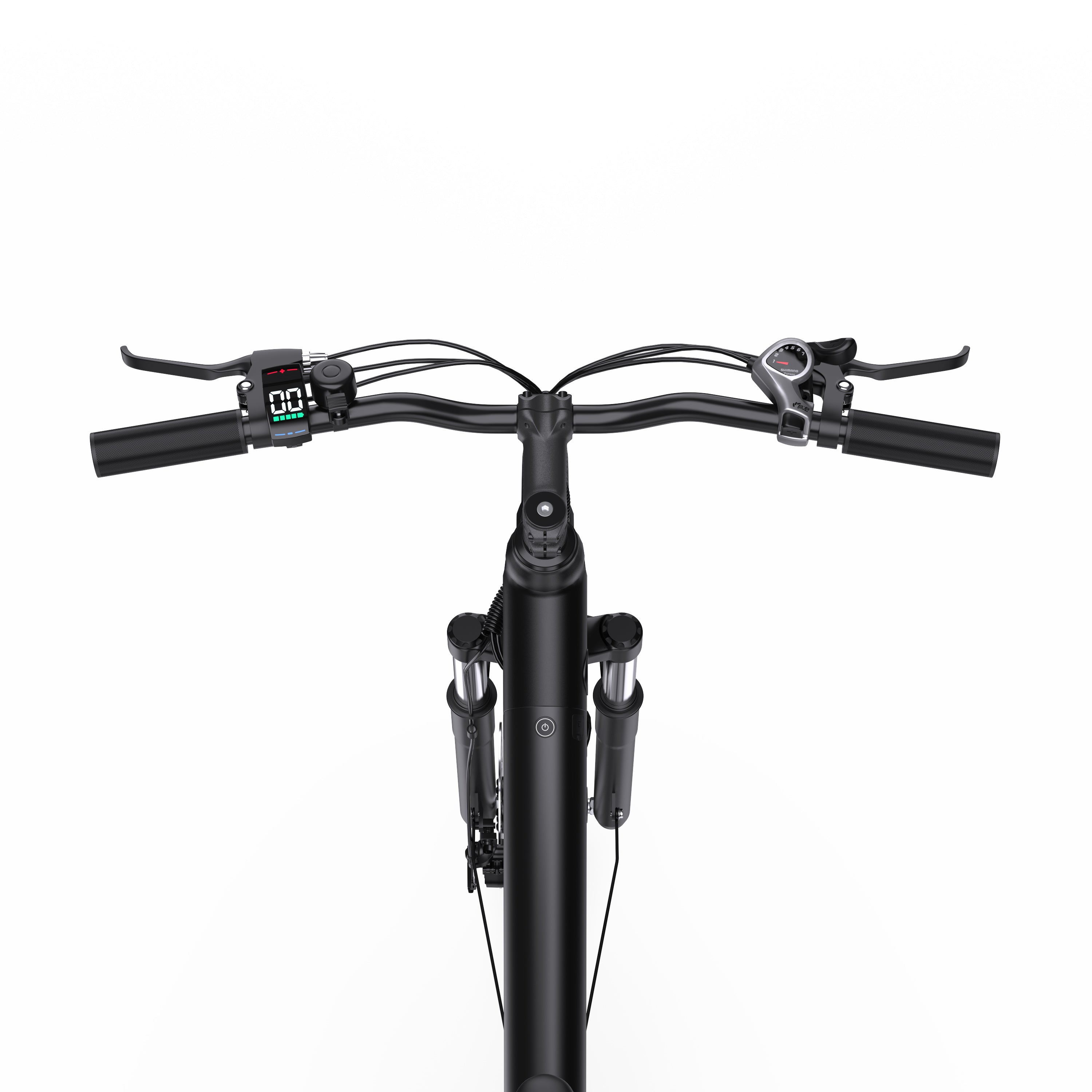 Black ONESPORT OT12 Urban Electric Bike handlebar with digital display on a white background
