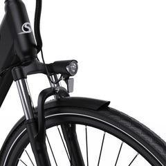 Close-up of a ONESPORT OT12 Urban Electric bicycle's front wheel and suspension fork on a white background