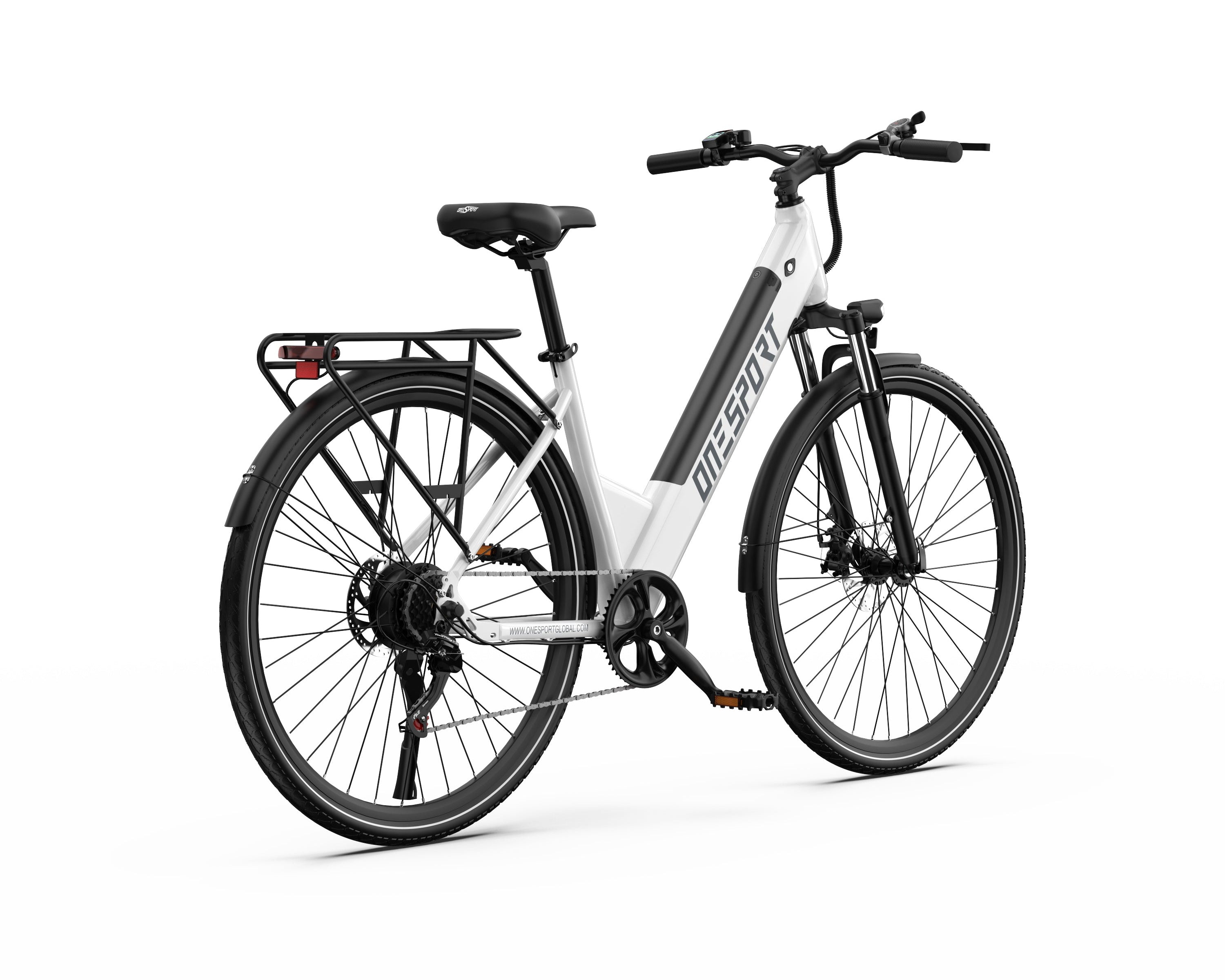 White ONESPORT OT12 Urban Electric Bike with black accents on a white background - Pogo Cycles, Ireland