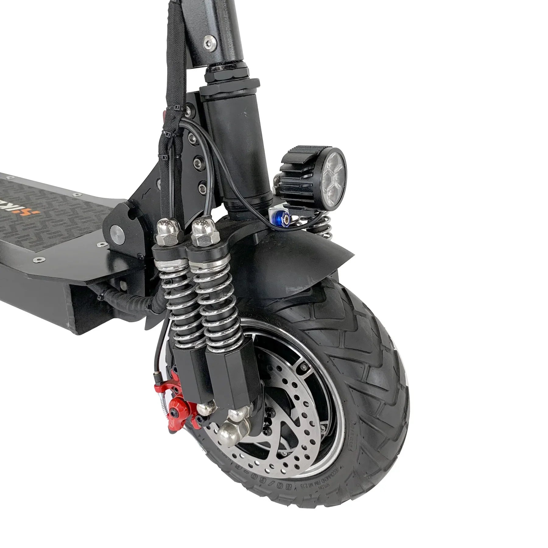 Close-up of an electric scooter's suspension system on a white background
