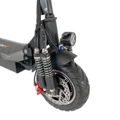 Close-up of an electric scooter's suspension system on a white background
