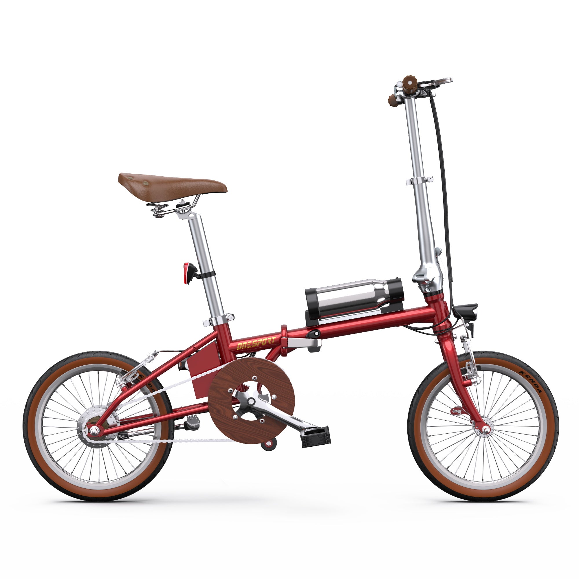 Red OneSport OT02 Compact Folding Electric bicycle with a brown seat on a white background