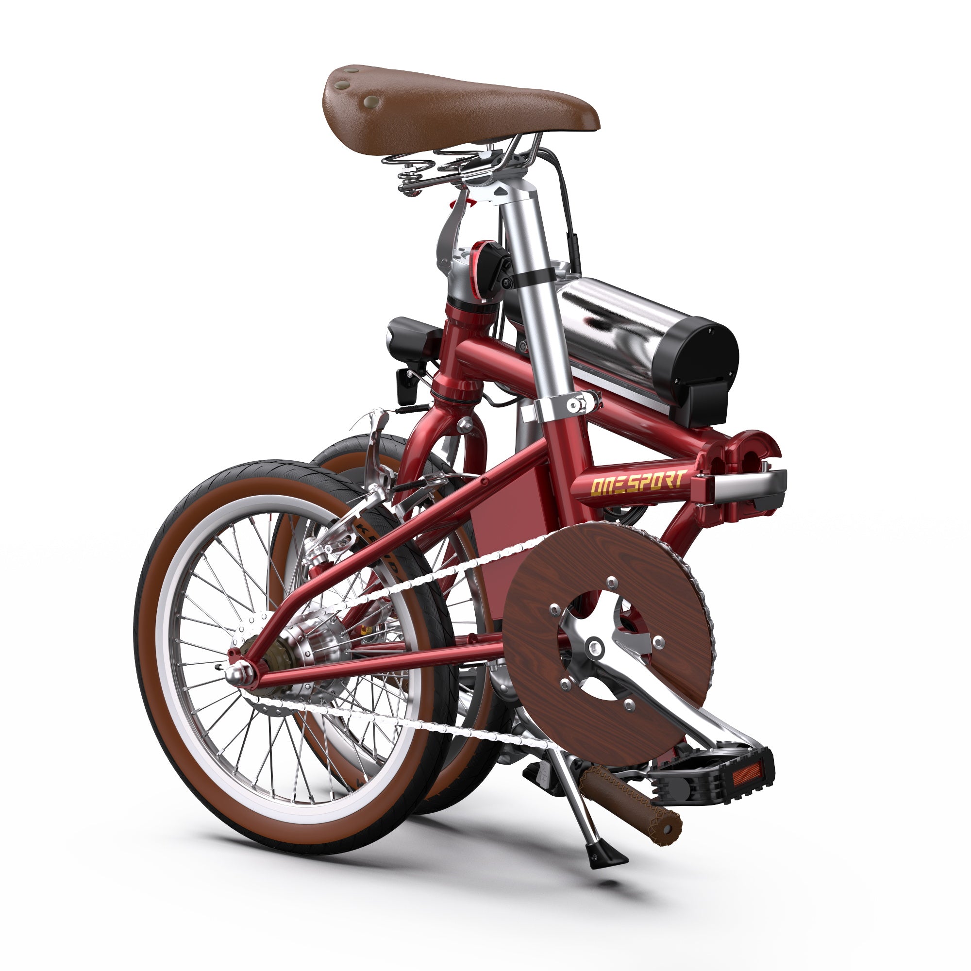 Folded OneSport OT02 Compact Electric Bike - Red with brown seat and tires on a white background