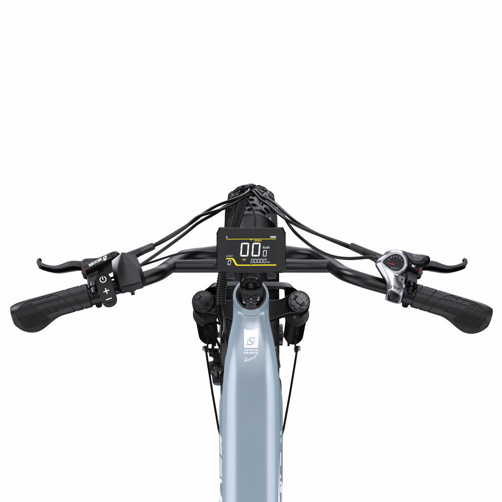 Front view of an Onesport OT08 electric bicycle handlebar with black grips, black handlebars, a central digital display screen, and a light blue frame against a white background.