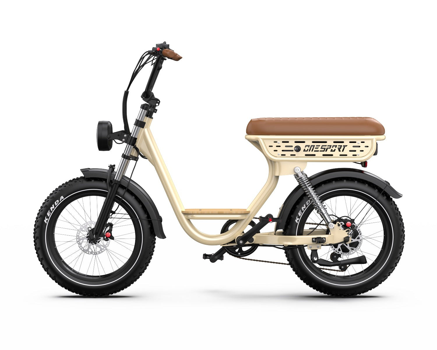 Beige Onesport W77 E Bike with brown seat on a white background