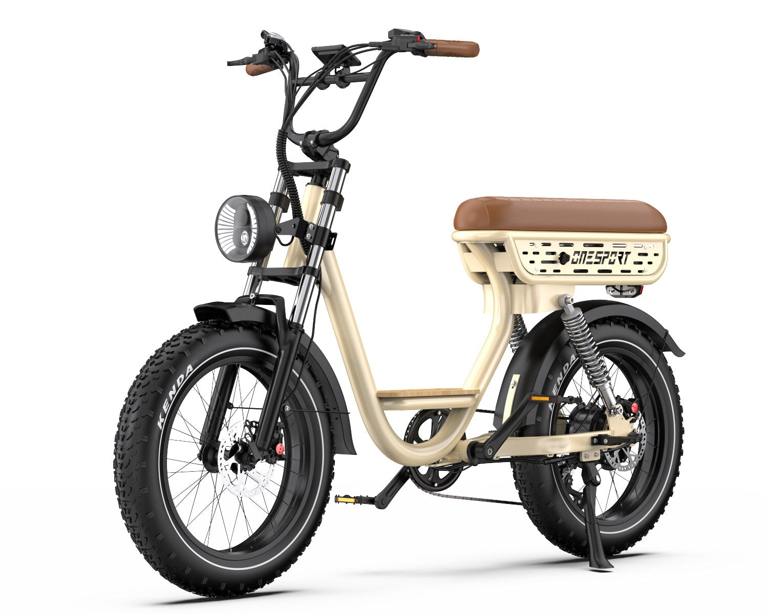 Beige Onesport W77 Electric Bike with a brown seat - Pogo Cycles
