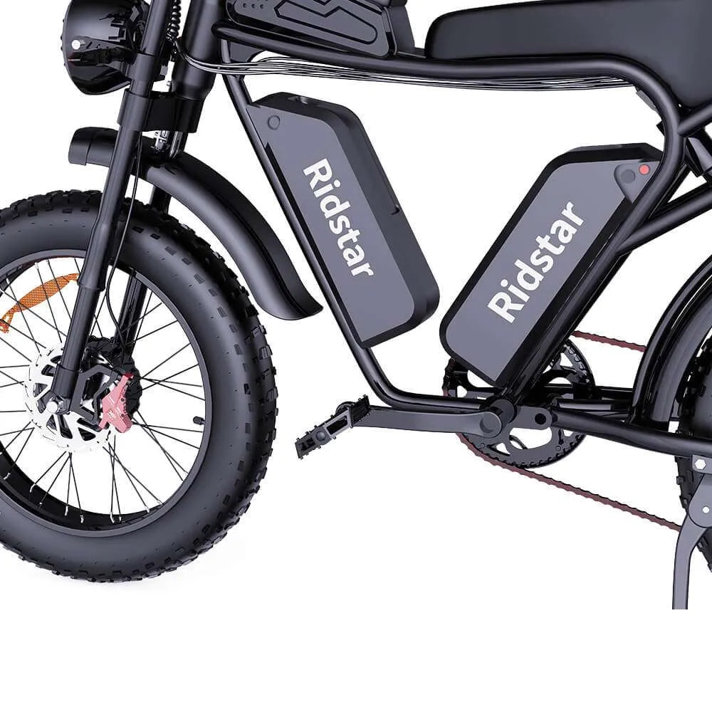 Black electric bike with 'Ridstar' branding on battery packs against a white background