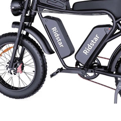 Black electric bike with 'Ridstar' branding on battery packs against a white background