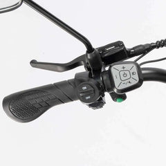 Close-up of a Ridstar Q20 Pro Electric Cargo motorcycle handlebar with control panel and throttle on a white background
