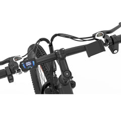 Close-up of a Ridstar S29 Pro Electric Mountain Bike handlebar with digital display on a white background
