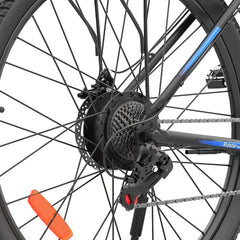 Close-up of a Ridstar S29 Pro Electric Mountain Bike wheel with gear and chain mechanism on a white background