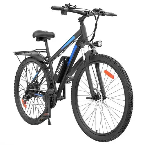 Black - Ridstar S29 Pro Electric Mountain Bike with blue accents on a white background