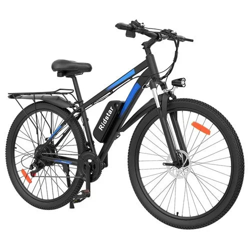 Black - Ridstar S29 Pro Electric Mountain Bike with blue accents on a white background
