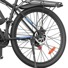 Close-up of a Ridstar S29 Pro E Mountain Bike wheel with disc brakes on a white background
