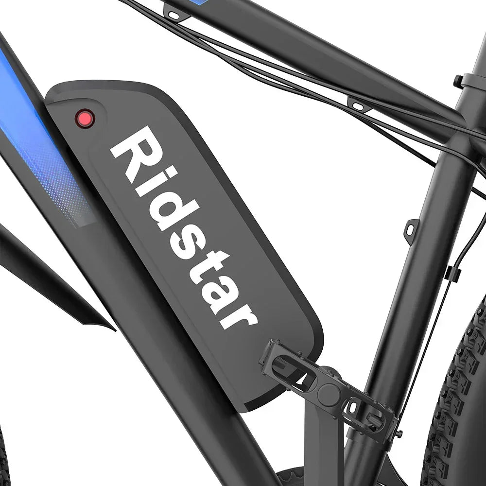 Ridstar battery pack attached to a Ridstar S29 Pro Electric Mountain Bike frame on a white background