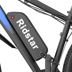 Ridstar battery pack attached to a Ridstar S29 Pro Electric Mountain Bike frame on a white background
