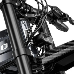 Close-up of a motorcycle's handlebar with control buttons and cables.